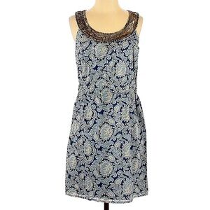 LOFT Blue Paisley Cotton Embellished sequin Sleeveless Shift Dress Size 4
